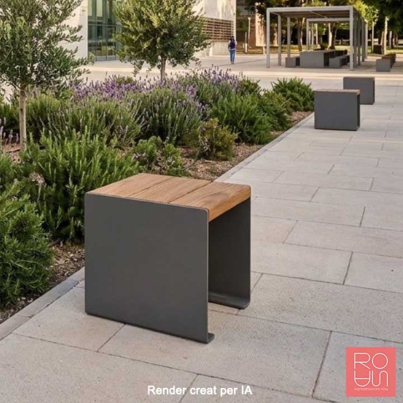 Banqueta urbana KUB. en acer i fusta
